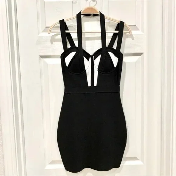 🖤 Bebe Black White Colorblock Strappy Halter Bustier Bodycon Bandage Mini Dress - Picture 3 of 12